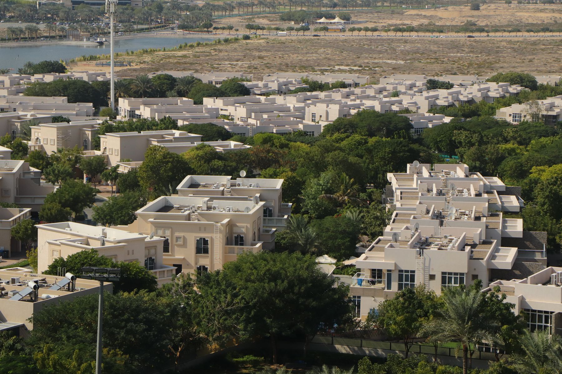 Aerial view of a green Dubai residential community