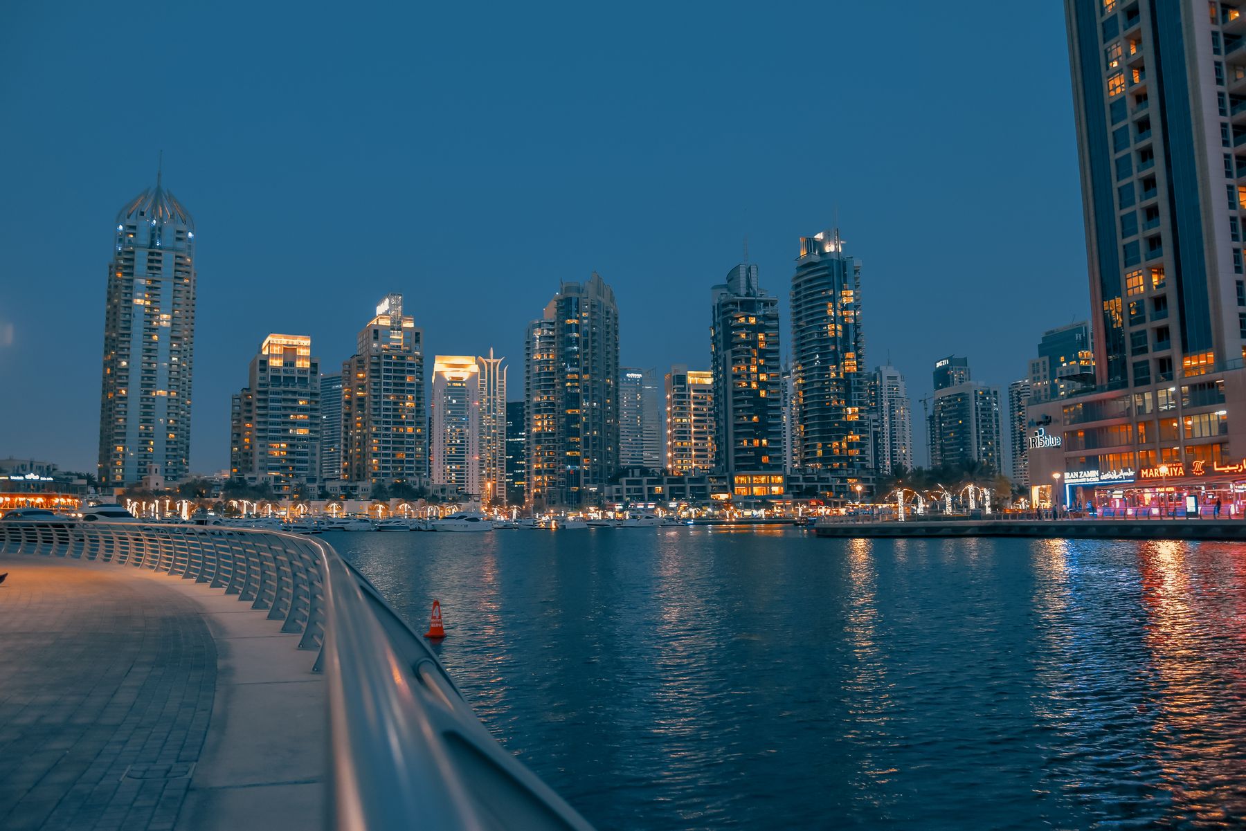 Dubai Marina waterfront towers at night